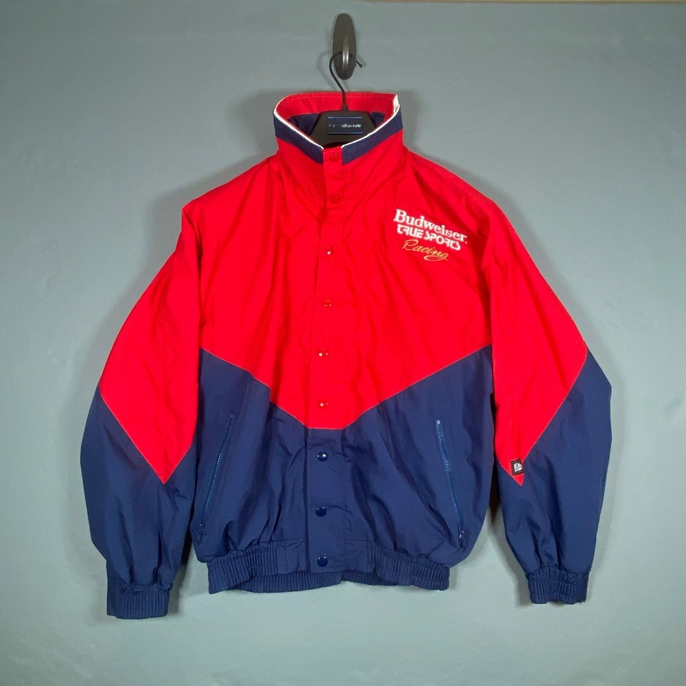 Vintage Budweiser True Sports Racing Jacket Mens Medium Red Blue Made In USA
